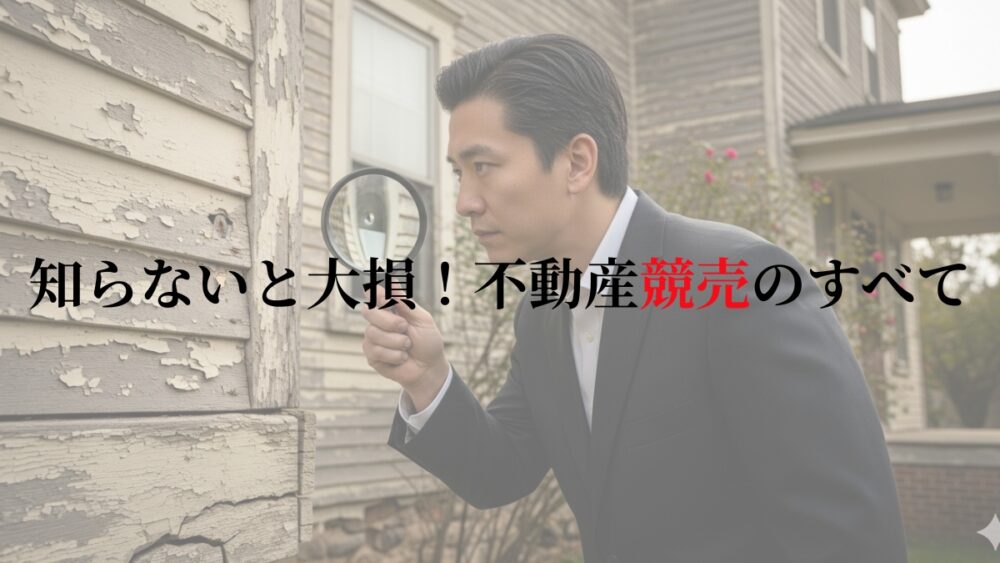 日本人の男が、不動産競売入札を検討している物件を虫眼鏡を使って詳細に調べている様子。