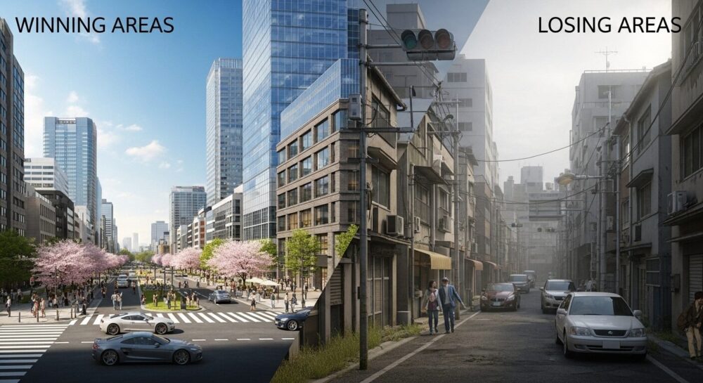 勝ち組エリアと負け組エリアを対比した画像。左側は桜が咲く近代的な都市で、右側は古く寂れた街並みが描かれている。