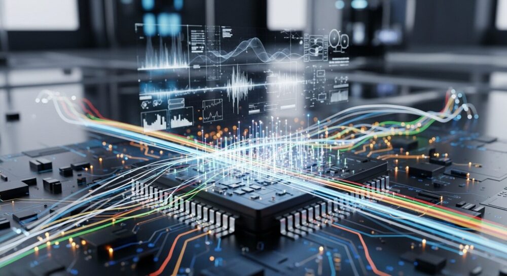 光電融合技術を象徴する未来的な画像。中央のCPUチップに色とりどりの光のデータストリームが流れ込み、上部には高度なデータ分析を示すホログラムが浮かび上がっている。