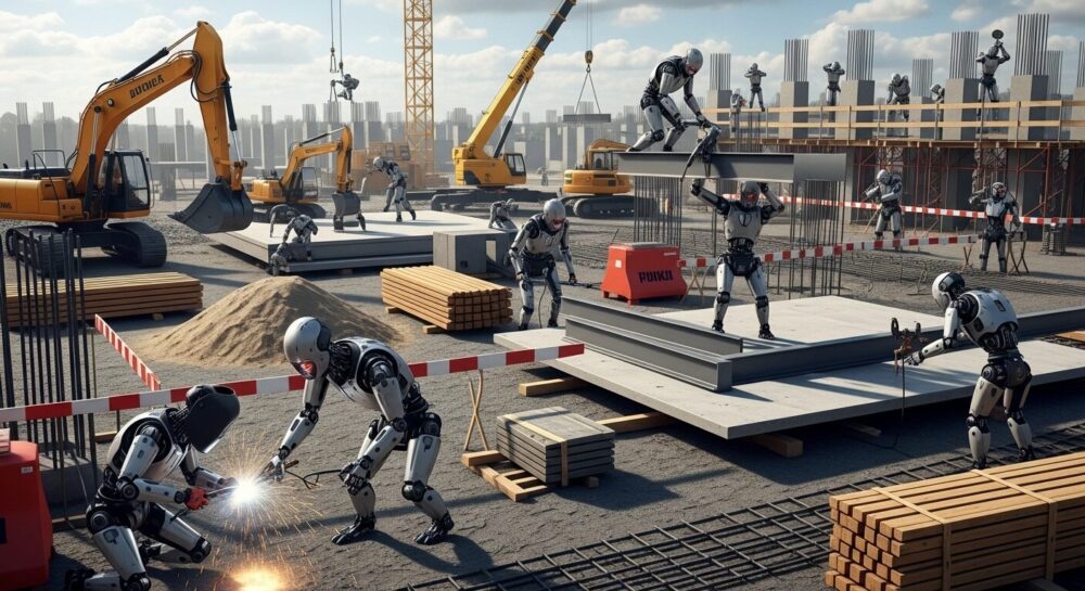 未来の建設現場で、多数の人型ロボットが人間の作業員に代わって作業している様子。手前ではロボットが溶接を行い火花を散らし、他のロボットたちは重い鉄骨を運んだり設置したりしている。背景にはクレーンや掘削機があり、大規模な建設プロジェクトがロボットによって自動化されている未来を描写している。