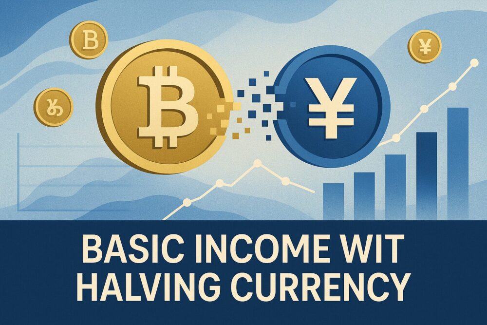 Basic Income with Halving Currency concept illustration featuring digital currency symbols and economic growth charts in blue and gold professional design