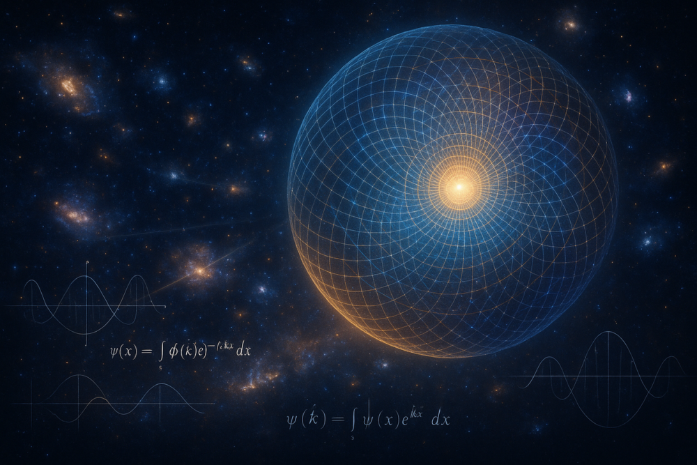 David Bohm holographic cosmology visualization showing holographic interference patterns in deep space with mathematical equations representing the implicate order and woven reality theory