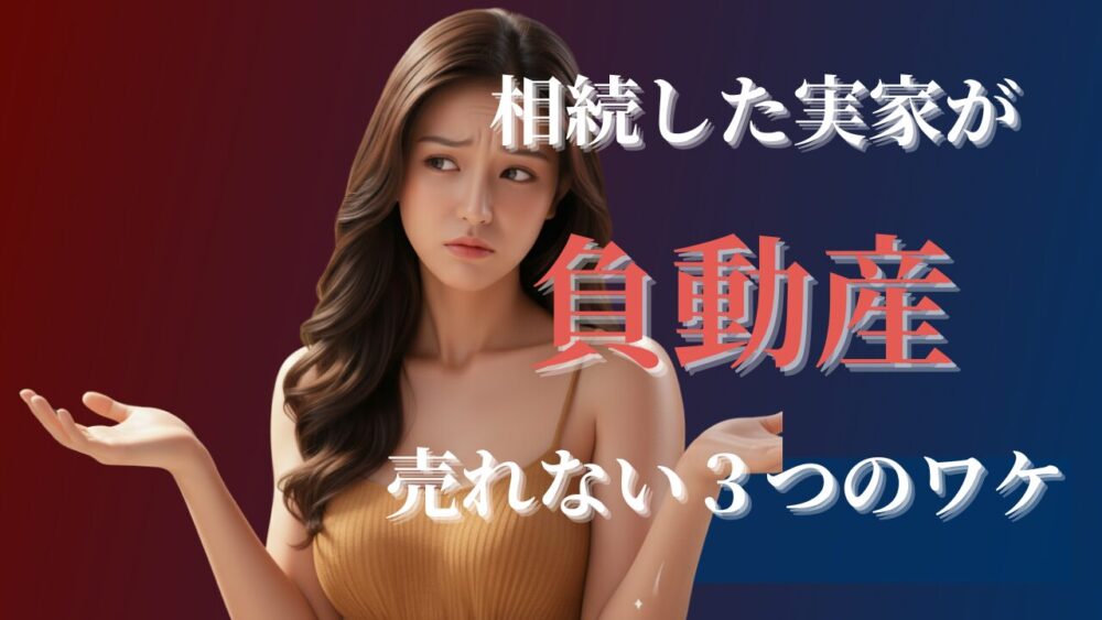 若くて、美しい女性が両手を広げて困った表情をしている。表示されている文字には相続した。実家が負動産売れない3つのかけと書いてある。