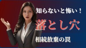 若い女性がびっくりした。表情で、手のひらを上に向けて口を開けている。タイトルは知らないと怖い落とし穴、相続放棄の罠