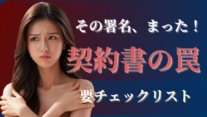 不安そうな表情をして、胸の前で手をクロスしている。若い女性。文字では「その署名ちょっと待った。契約書の罠。要チェックリスト」と書いてある。