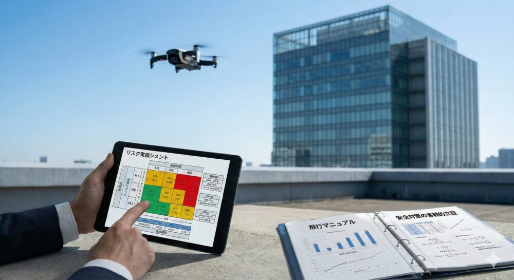 ドローンの飛行許可申請について、ドローンの飛行に伴うリスクを分析している様子