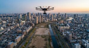 DID人口密集地帯を飛ぶドローン