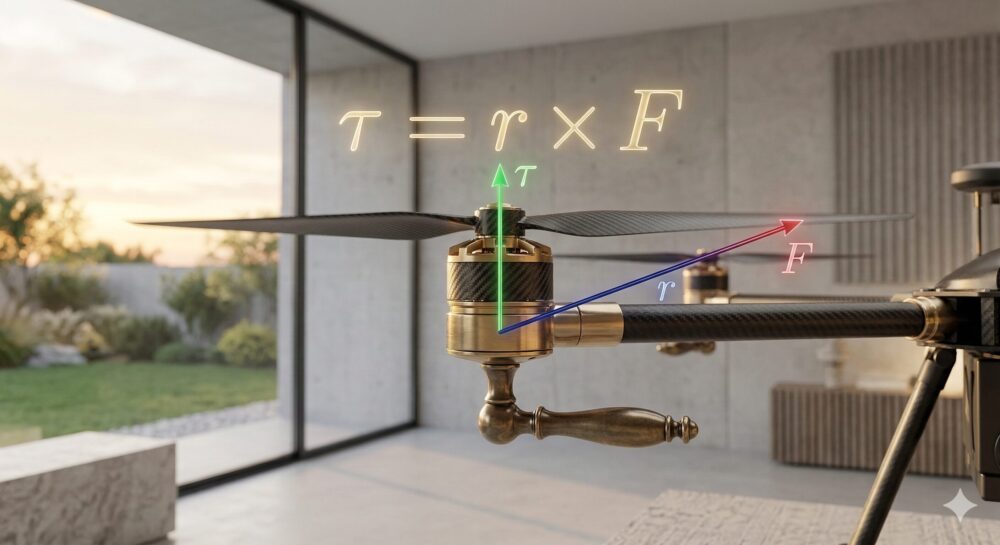 ドローンのプロペラに働くトルクの大きさを、外積という概念を用いて説明している図