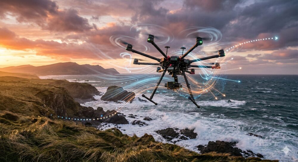 突風が吹いてきた場合のドローンの挙動のシミュレーション