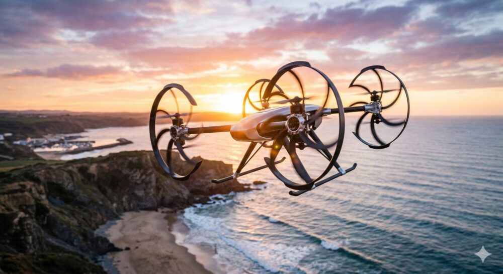 サイクロローター型のドローンが夕日の海の上を飛んでいる。