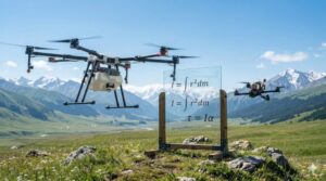 ドローンが空を飛んでいる山岳地帯のきれいな風景。慣性モーメントの式が書いてある。