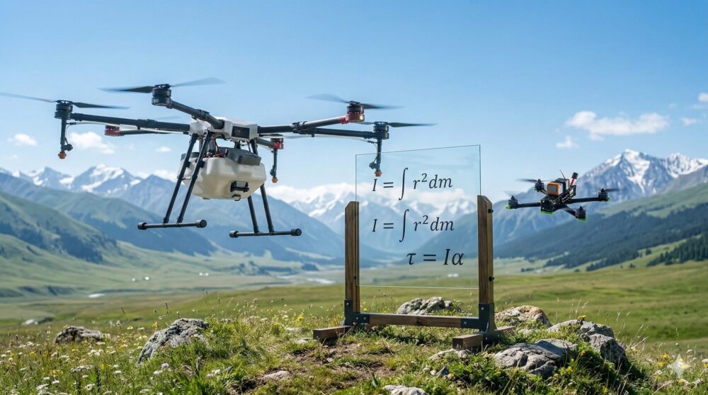 ドローンが空を飛んでいる山岳地帯のきれいな風景。慣性モーメントの式が書いてある。