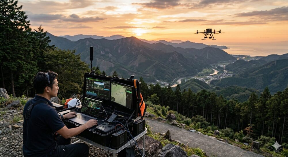夕暮れの山を背景にドローンが空を飛んでいる。 手前には、ドローンを操縦しているコンピューターの前に座っている男の写真。