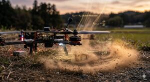 ドローンのダウンウォッシュの図： プロペラの空気が下に叩きつけられ、下で砂ぼこりが舞い上がっている様子。