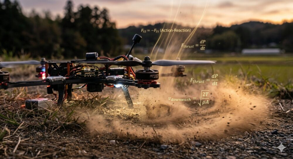 ドローンのダウンウォッシュの図： プロペラの空気が下に叩きつけられ、下で砂ぼこりが舞い上がっている様子。