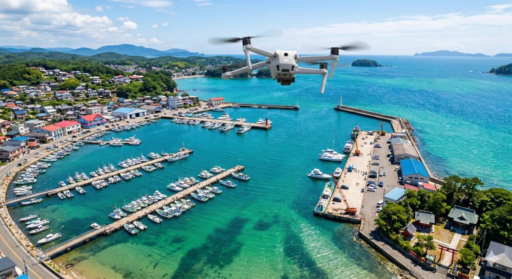 美しい色をした港の上を、ドローンが飛んでいる。