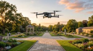 ドローンが住宅街の上空を飛んでいる。