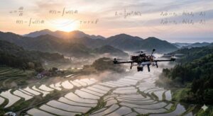 美しい夕暮れの山と川を背景にして、ドローンがその景色の中を飛んでいる。