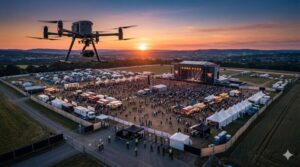 ドローンが夕日のイベント会場に降りていく。