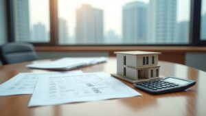 不動産相続と税制改正を示す書類とビルの専門的イメージ