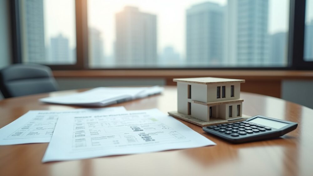 不動産相続と税制改正を示す書類とビルの専門的イメージ