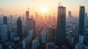 都市部の再開発ビル群と不動産投資分析イメージ