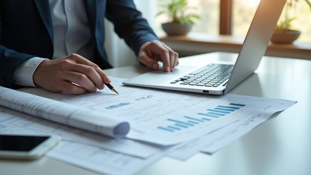 建築確認申請書類と住宅ローン金利グラフのイメージ