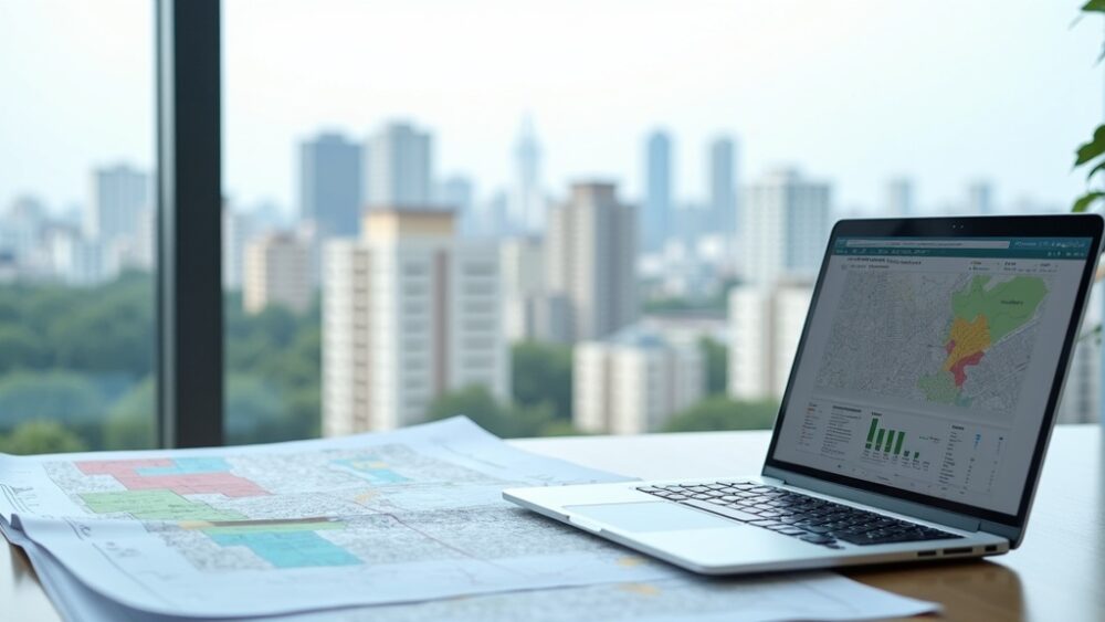 都市計画の用途地域図と不動産登記書類のイメージ