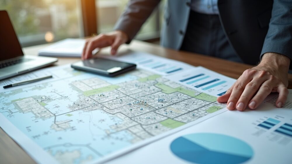 用途地域の都市計画図と金利チャートを前に検討する不動産投資家