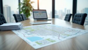 用途地域の都市計画図面と宅建業法の法令書類が並ぶイメージ