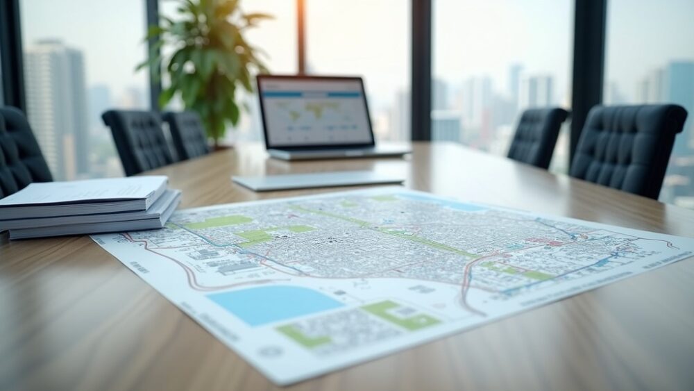 用途地域の都市計画図面と宅建業法の法令書類が並ぶイメージ