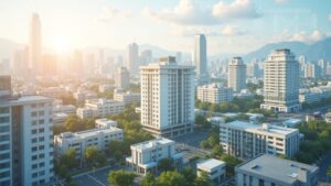 借地借家法と用途地域に関する法令書類と都市風景