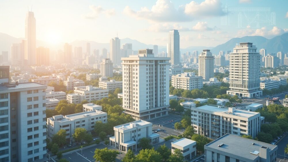 借地借家法と用途地域に関する法令書類と都市風景