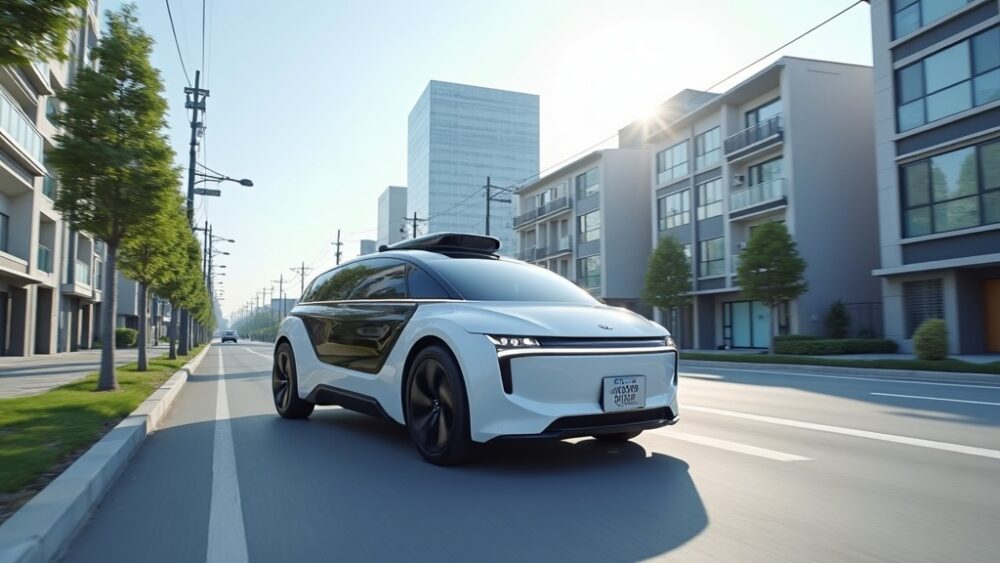 自動運転車と都市の不動産が共存する最新の街並みイメージ