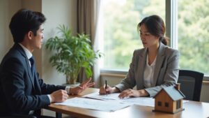 再建築不可物件の不動産相談をする行政書士と依頼者