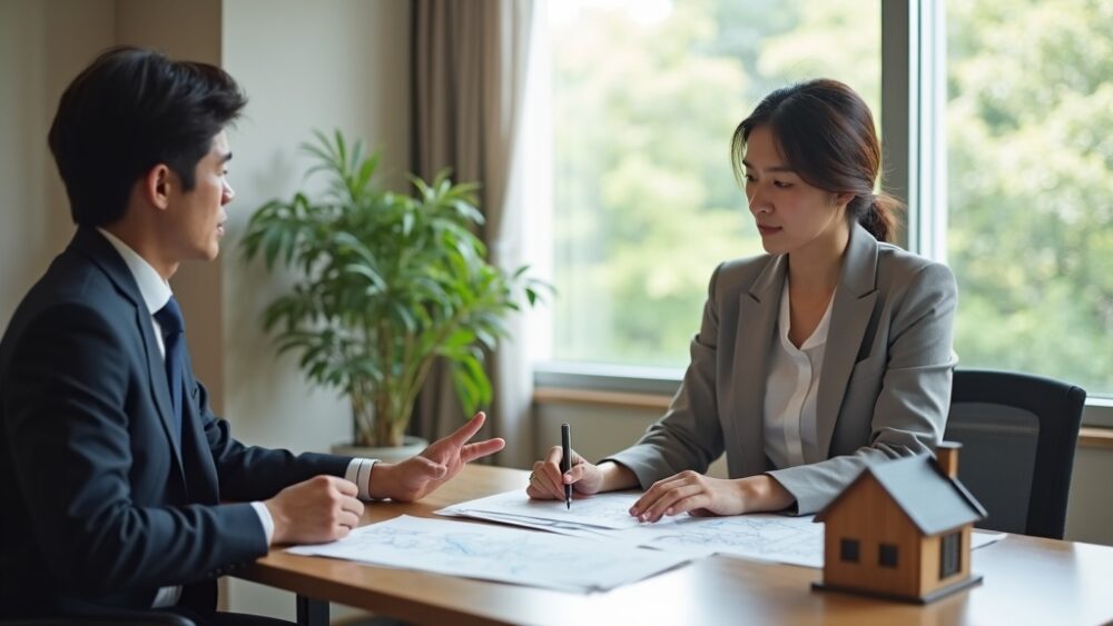 再建築不可物件の不動産相談をする行政書士と依頼者
